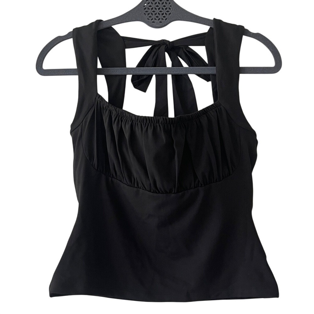Blogilates Black Bow Back Tank Top with Ruched Bust Small NWT
